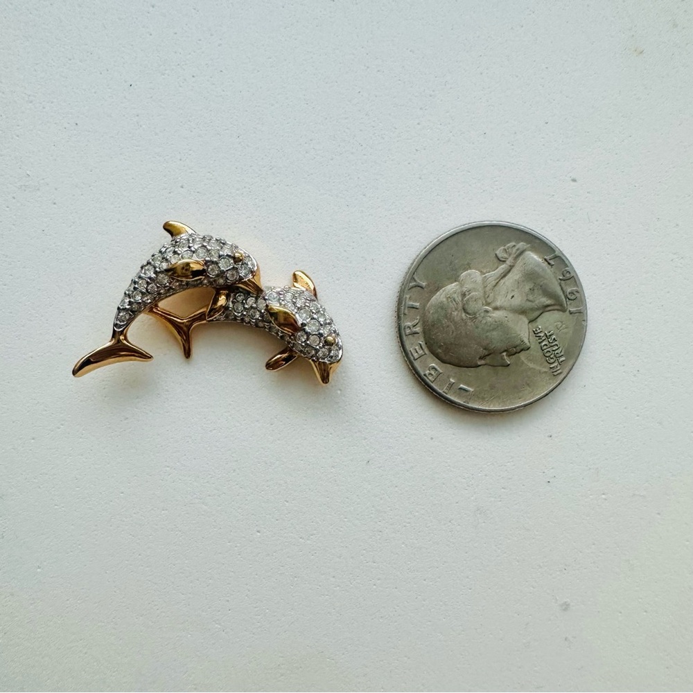 Swarovski Crystal Pave Swimming Gold & Silver Dolphins Gold-tone 1” Pin Brooch - Picture 4 of 7